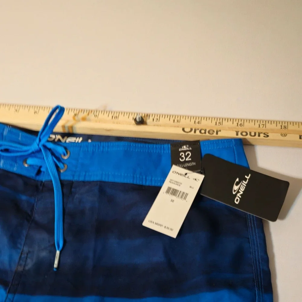NEW O'Neill Board Shorts Men 32 Blue Striped  Full-Length Swim Trunks NWT‎